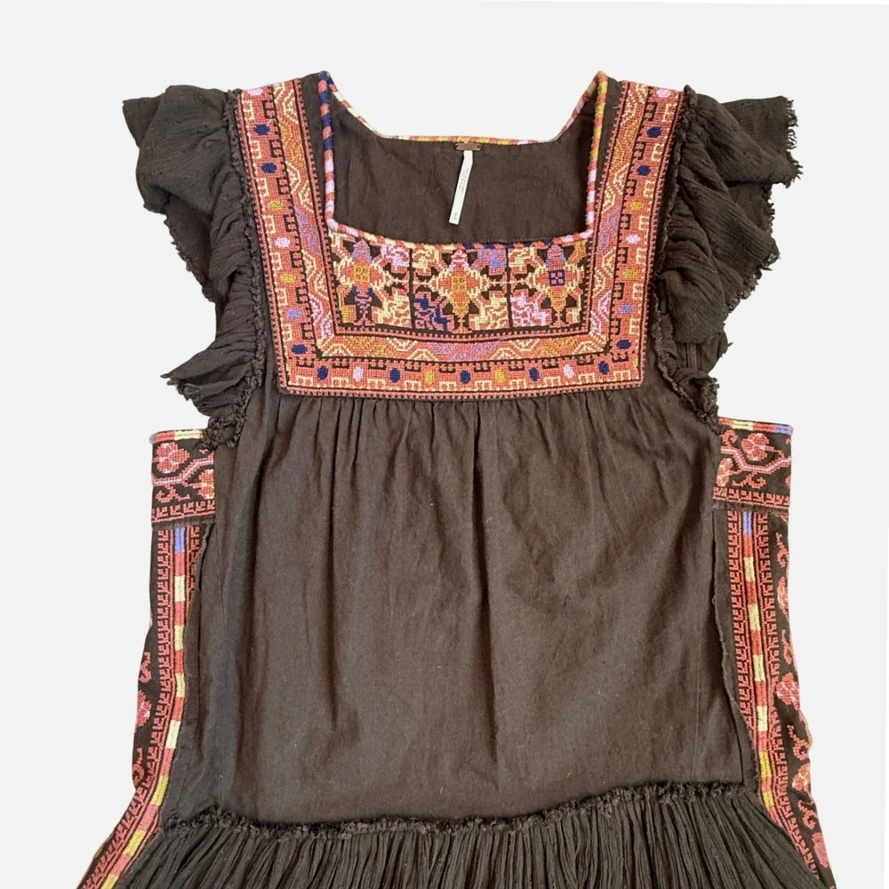 Free People Size‎ Small Embroidered Boho Mini Dress Brown Ruffle Sleeve Festival